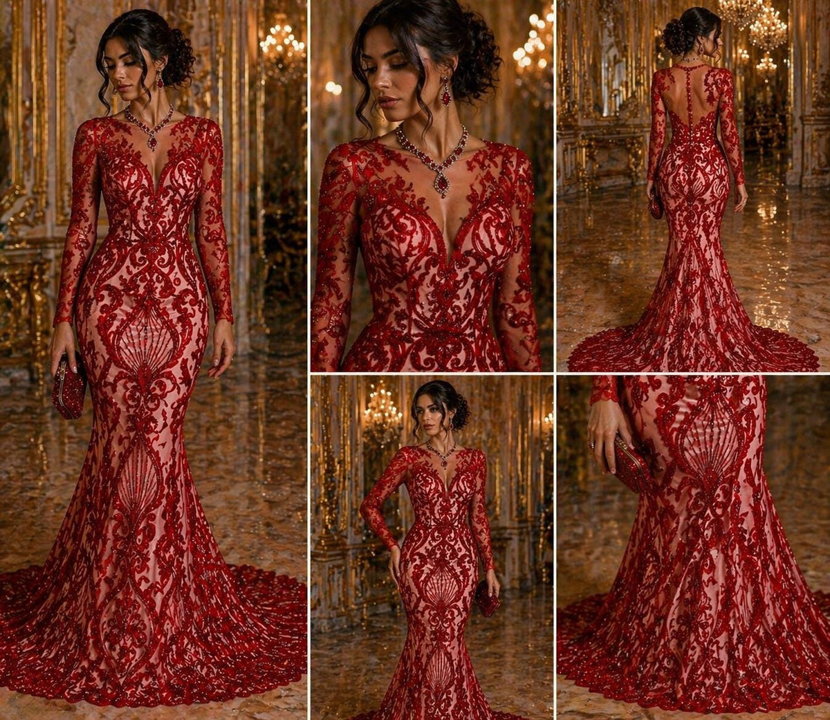 Luxury Heart Lace - Red - 3D Beaded Design with Embroidered Sequins and Beads On a Mesh Lace Fabric for Prom Dress By The Yard