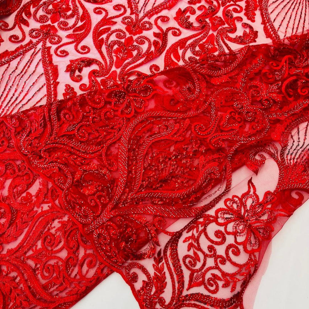 Luxury Heart Lace - Red - 3D Beaded Design with Embroidered Sequins and Beads On a Mesh Lace Fabric for Prom Dress By The Yard