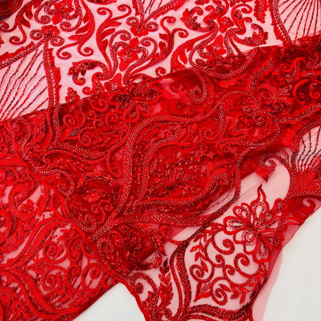 Luxury Heart Lace - Red - 3D Beaded Design with Embroidered Sequins and Beads On a Mesh Lace Fabric for Prom Dress By The Yard