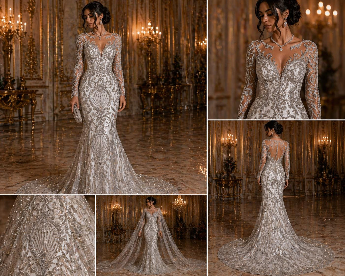 Luxury Heart Lace - Silver - 3D Beaded Design with Embroidered Sequins and Beads On a Mesh Lace Fabric for Prom Dress By The Yard