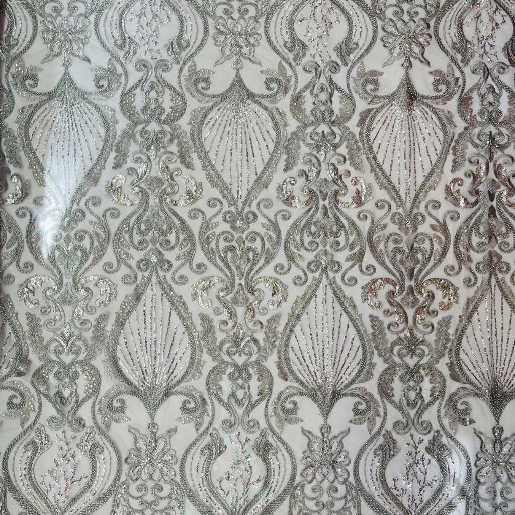 Luxury Heart Lace - Silver - 3D Beaded Design with Embroidered Sequins and Beads On a Mesh Lace Fabric for Prom Dress By The Yard