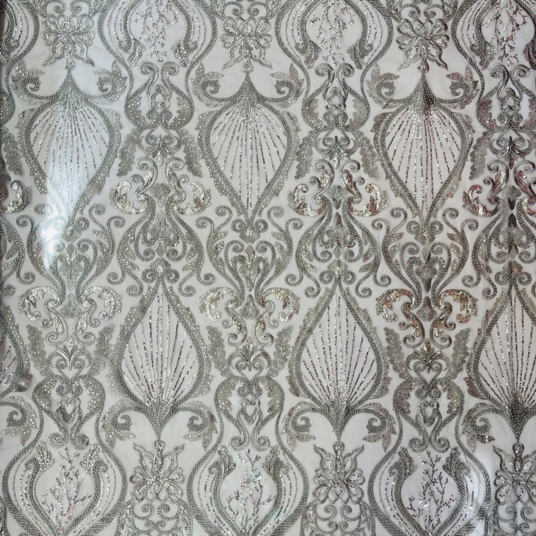 Luxury Heart Lace - Silver - 3D Beaded Design with Embroidered Sequins and Beads On a Mesh Lace Fabric for Prom Dress By The Yard