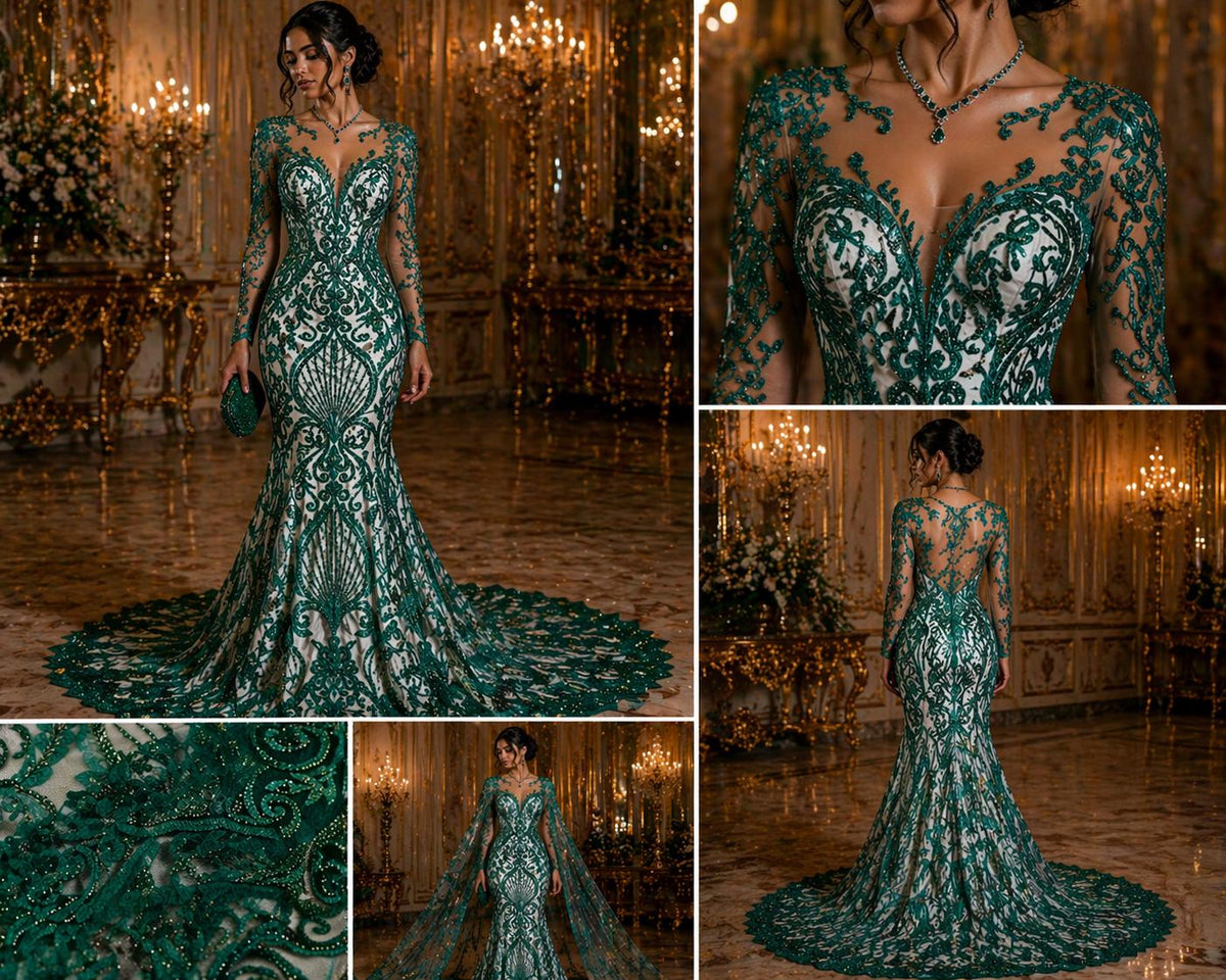 Luxury Heart Lace - Hunter - 3D Beaded Design with Embroidered Sequins and Beads On a Mesh Lace Fabric for Prom Dress By The Yard
