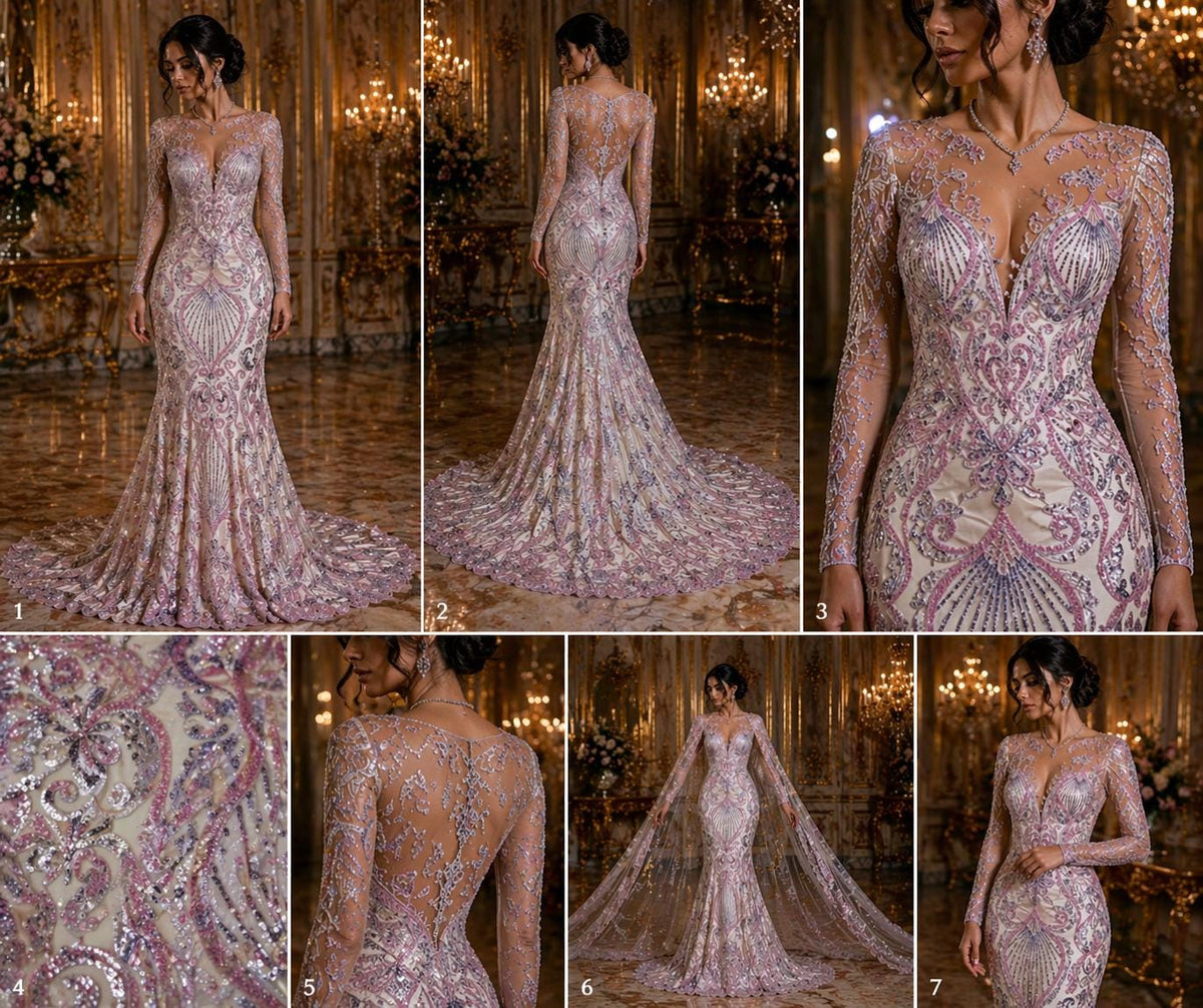 Luxury Heart Lace - Lilac - 3D Beaded Design with Embroidered Sequins and Beads On a Mesh Lace Fabric for Prom Dress By The Yard