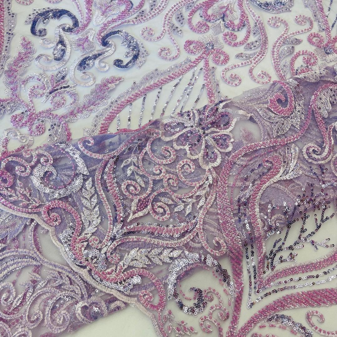 Luxury Heart Lace - Lilac - 3D Beaded Design with Embroidered Sequins and Beads On a Mesh Lace Fabric for Prom Dress By The Yard