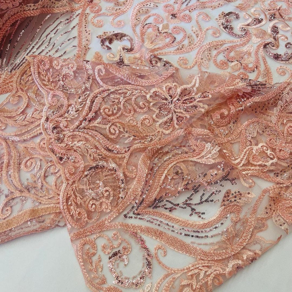 Luxury Heart Lace - Blush - 3D Beaded Design with Embroidered Sequins and Beads On a Mesh Lace Fabric for Prom Dress By The Yard