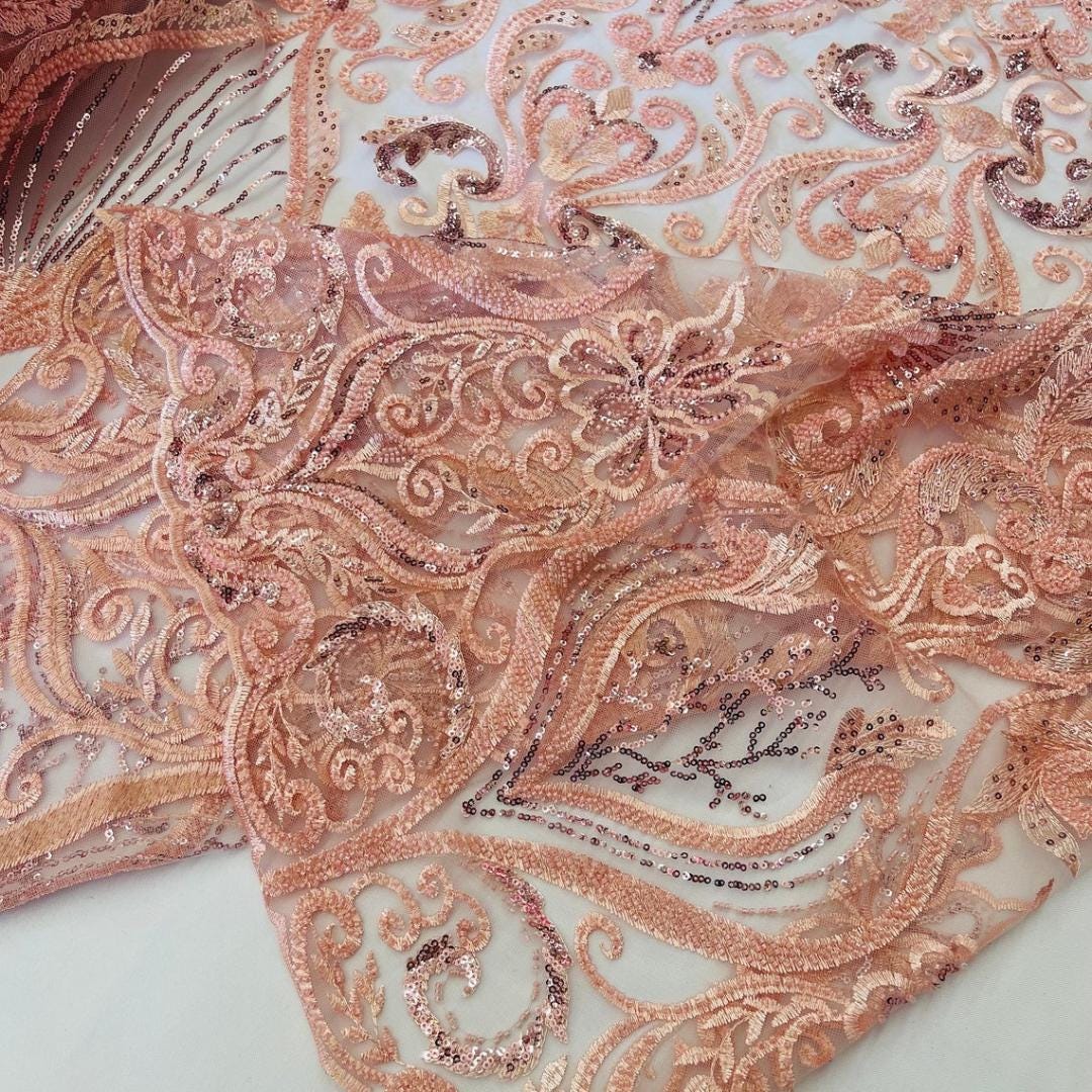 Luxury Heart Lace - Blush - 3D Beaded Design with Embroidered Sequins and Beads On a Mesh Lace Fabric for Prom Dress By The Yard