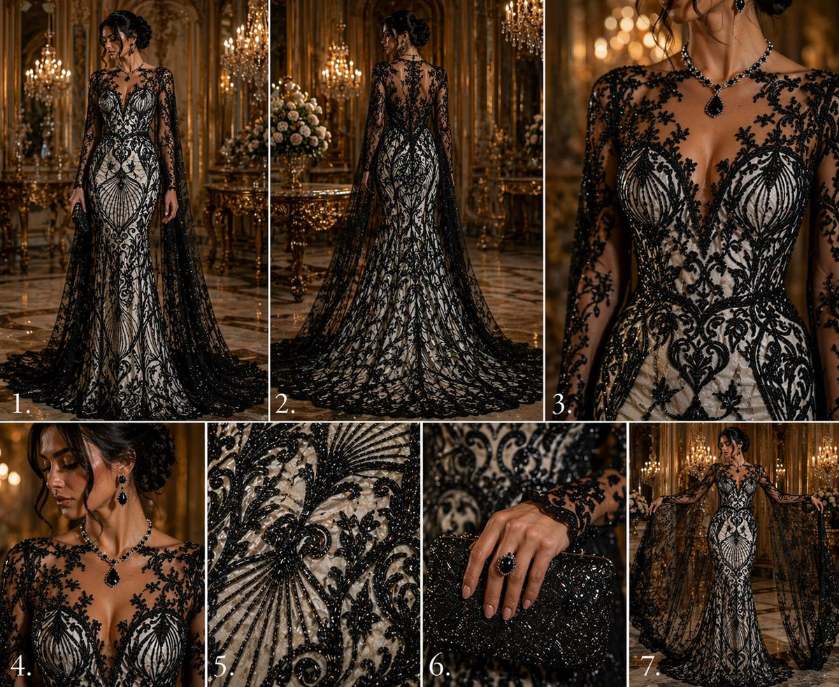 Luxury Heart Lace - Black - 3D Beaded Design with Embroidered Sequins and Beads On a Mesh Lace Fabric for Prom Dress By The Yard