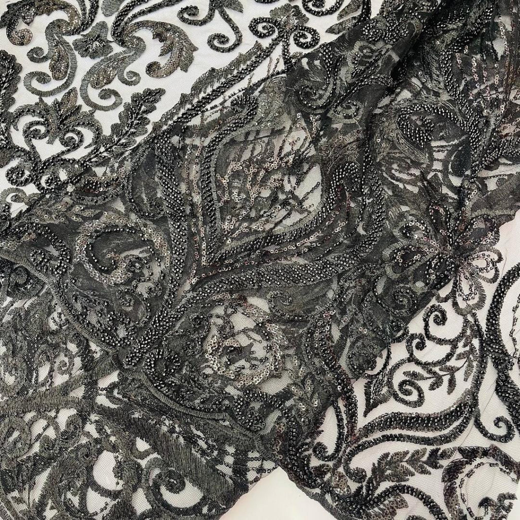 Luxury Heart Lace - Black - 3D Beaded Design with Embroidered Sequins and Beads On a Mesh Lace Fabric for Prom Dress By The Yard