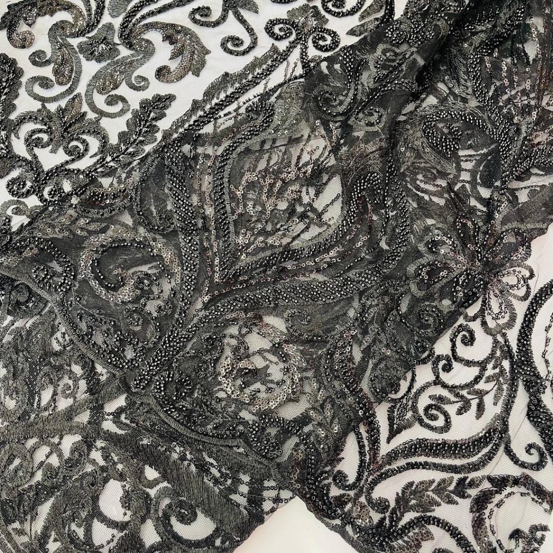 Luxury Heart Lace - Black - 3D Beaded Design with Embroidered Sequins and Beads On a Mesh Lace Fabric for Prom Dress By The Yard