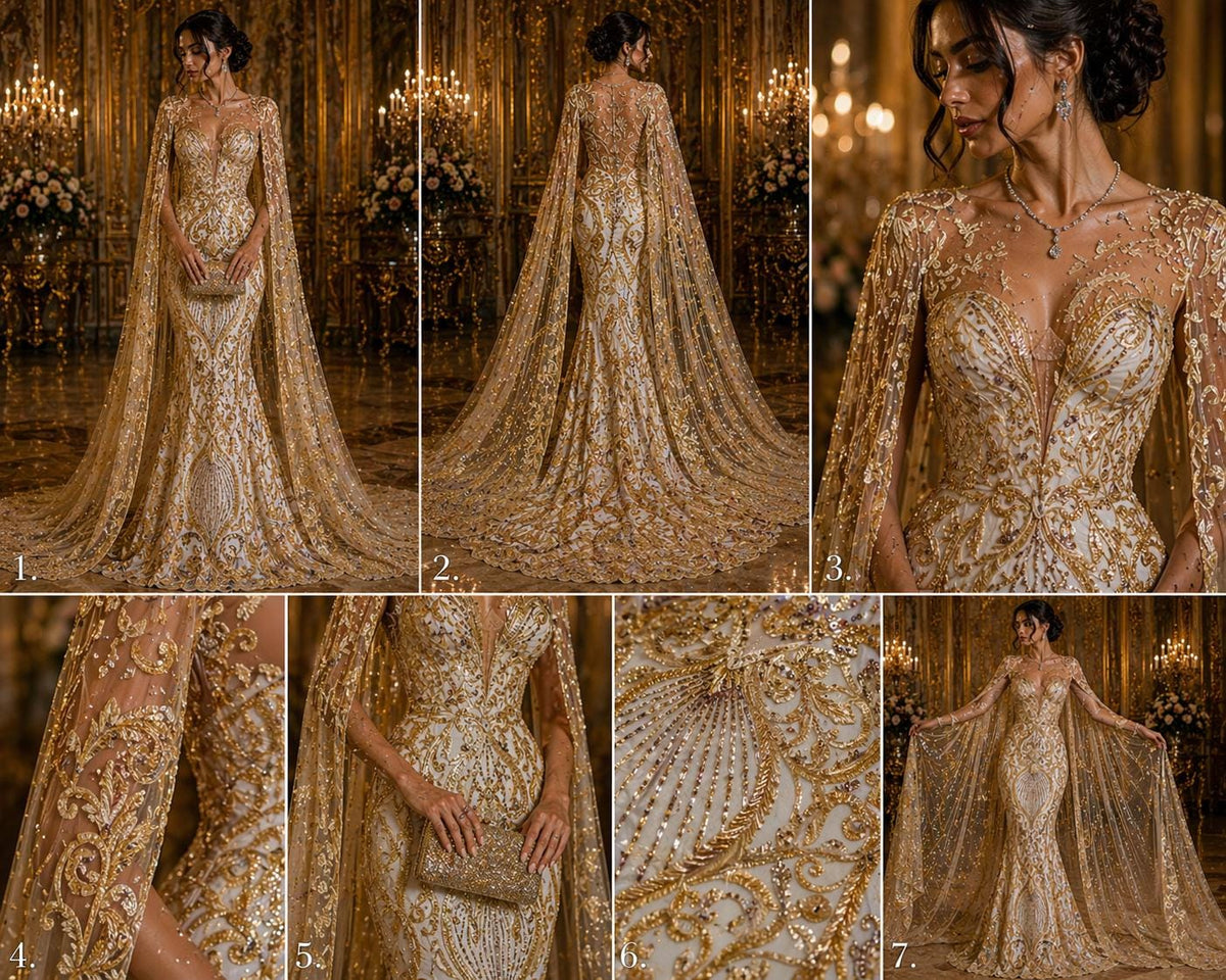 Luxury Heart Lace - Gold - 3D Beaded Design with Embroidered Sequins and Beads On a Mesh Lace Fabric for Prom Dress By The Yard