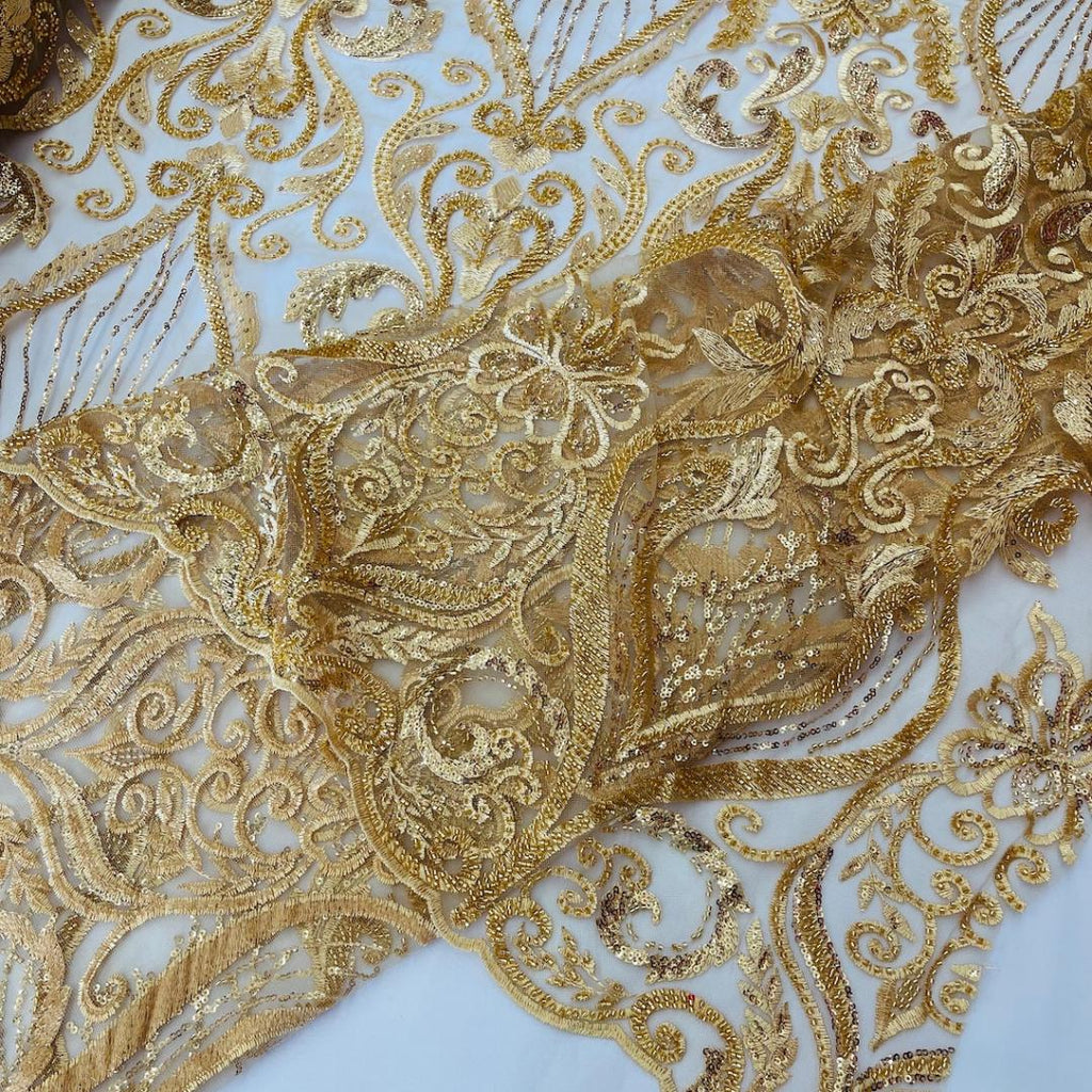 Luxury Heart Lace - Gold - 3D Beaded Design with Embroidered Sequins and Beads On a Mesh Lace Fabric for Prom Dress By The Yard