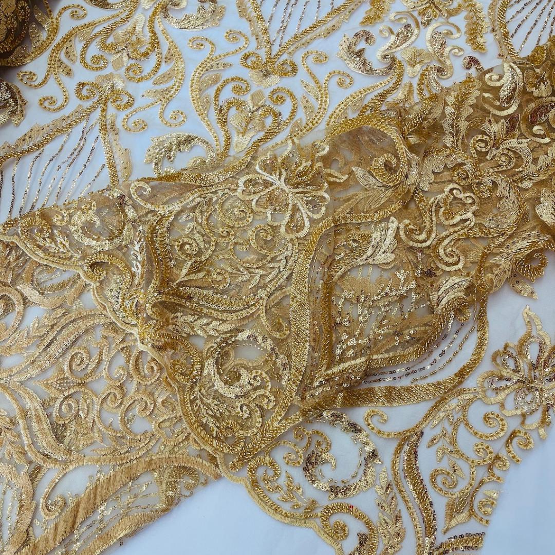 Luxury Heart Lace - Gold - 3D Beaded Design with Embroidered Sequins and Beads On a Mesh Lace Fabric for Prom Dress By The Yard