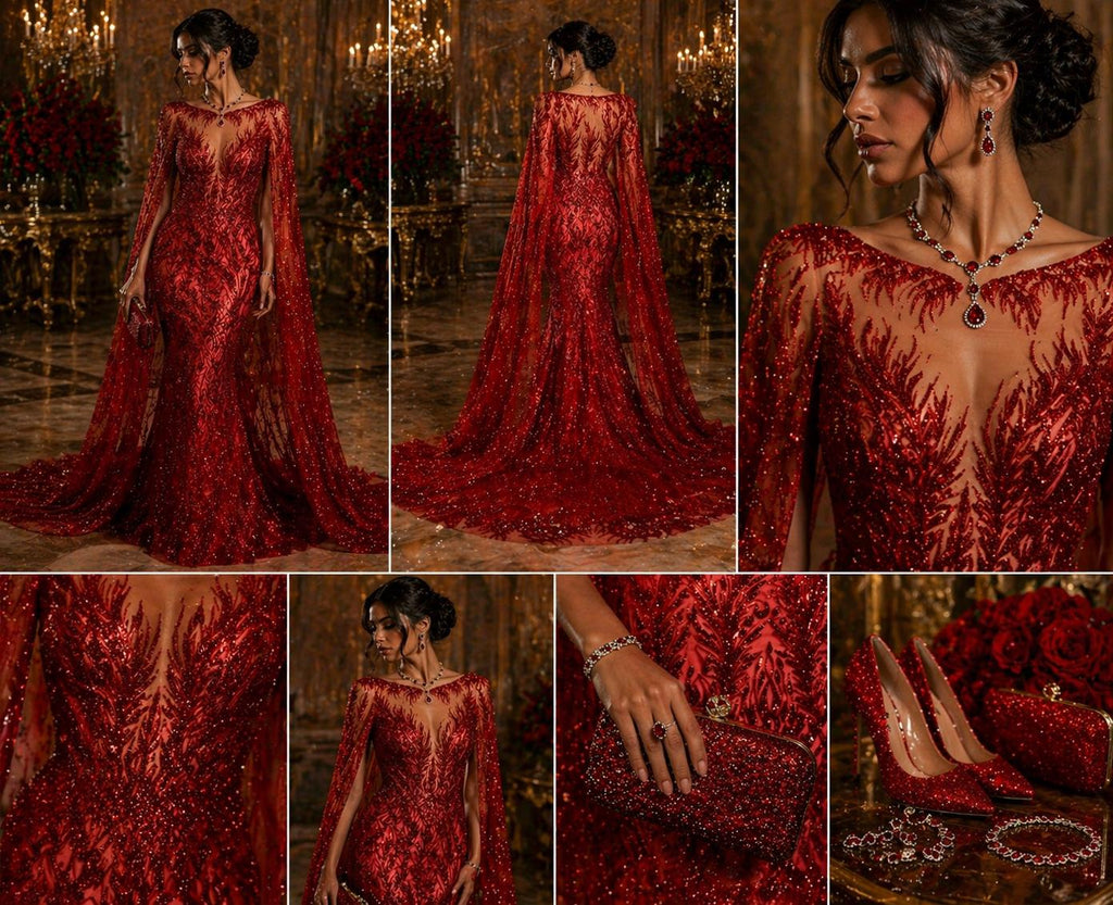 Luxury Lace - Red - 3D Beaded Design with Embroidered Sequins and Beads On a Mesh Lace Fabric for Prom Dress By The Yard