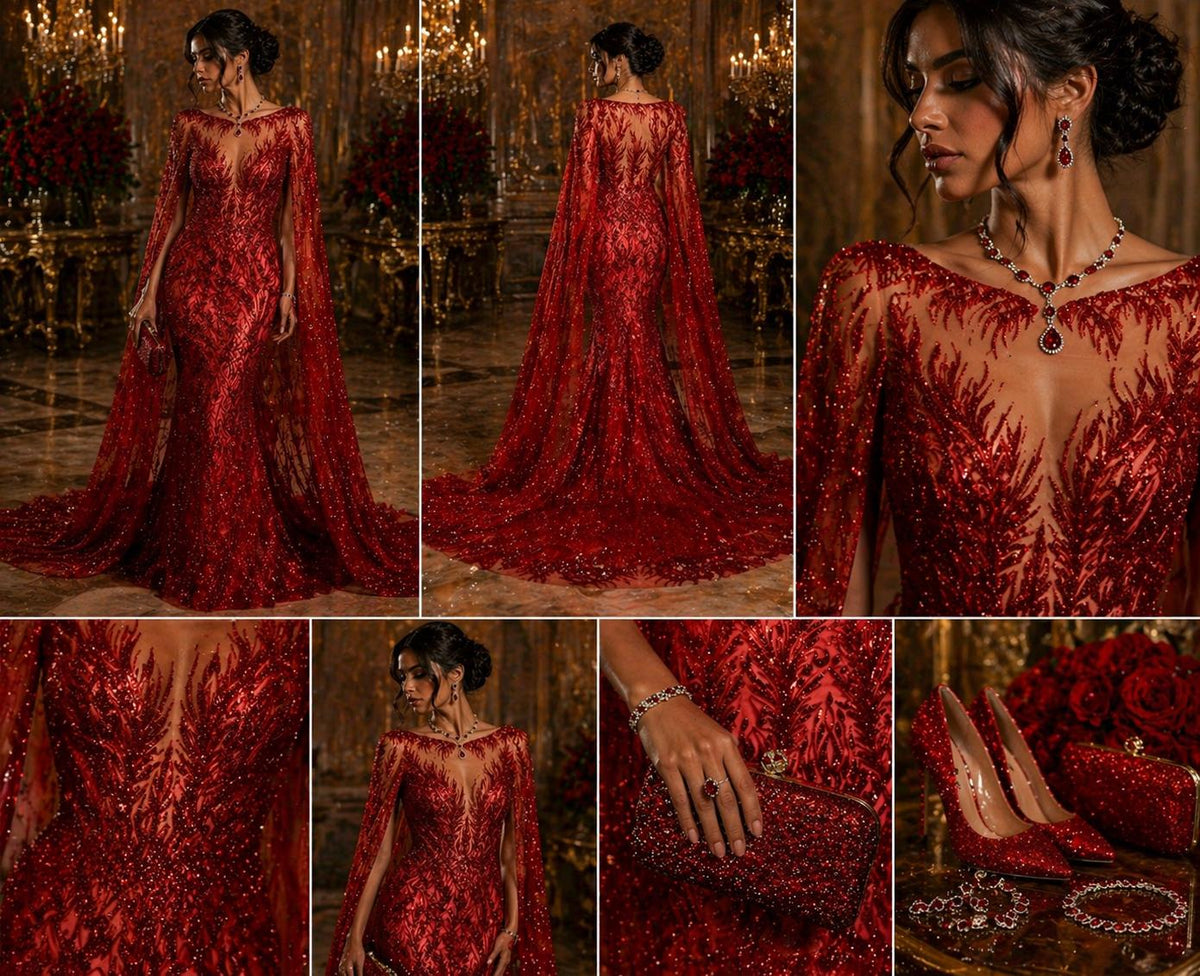 Luxury Lace - Red - 3D Beaded Design with Embroidered Sequins and Beads On a Mesh Lace Fabric for Prom Dress By The Yard