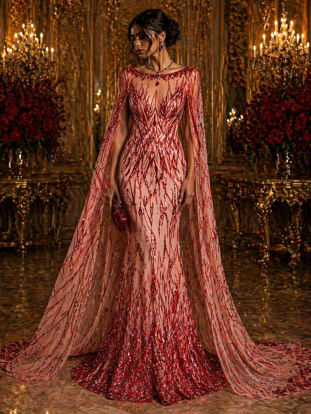 Luxury Geometric Lace - Red - 3D Beaded Design with Embroidered Sequins and Beads On a Mesh Lace Fabric for Prom Dress By The Yard