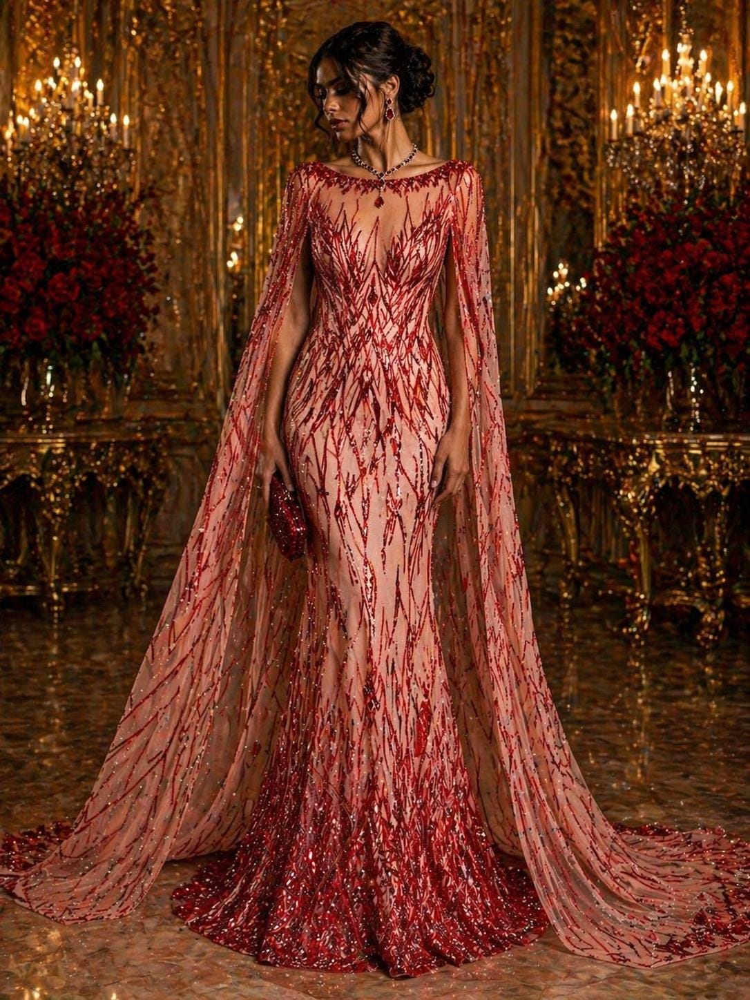 Luxury Geometric Lace - Red - 3D Beaded Design with Embroidered Sequins and Beads On a Mesh Lace Fabric for Prom Dress By The Yard