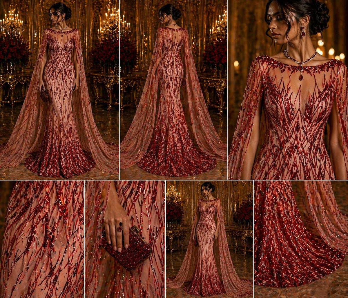 Luxury Geometric Lace - Red - 3D Beaded Design with Embroidered Sequins and Beads On a Mesh Lace Fabric for Prom Dress By The Yard