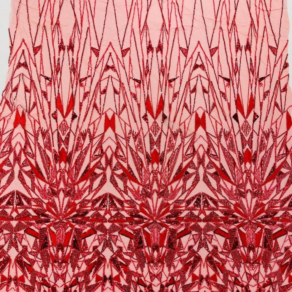 Luxury Geometric Lace - Red - 3D Beaded Design with Embroidered Sequins and Beads On a Mesh Lace Fabric for Prom Dress By The Yard