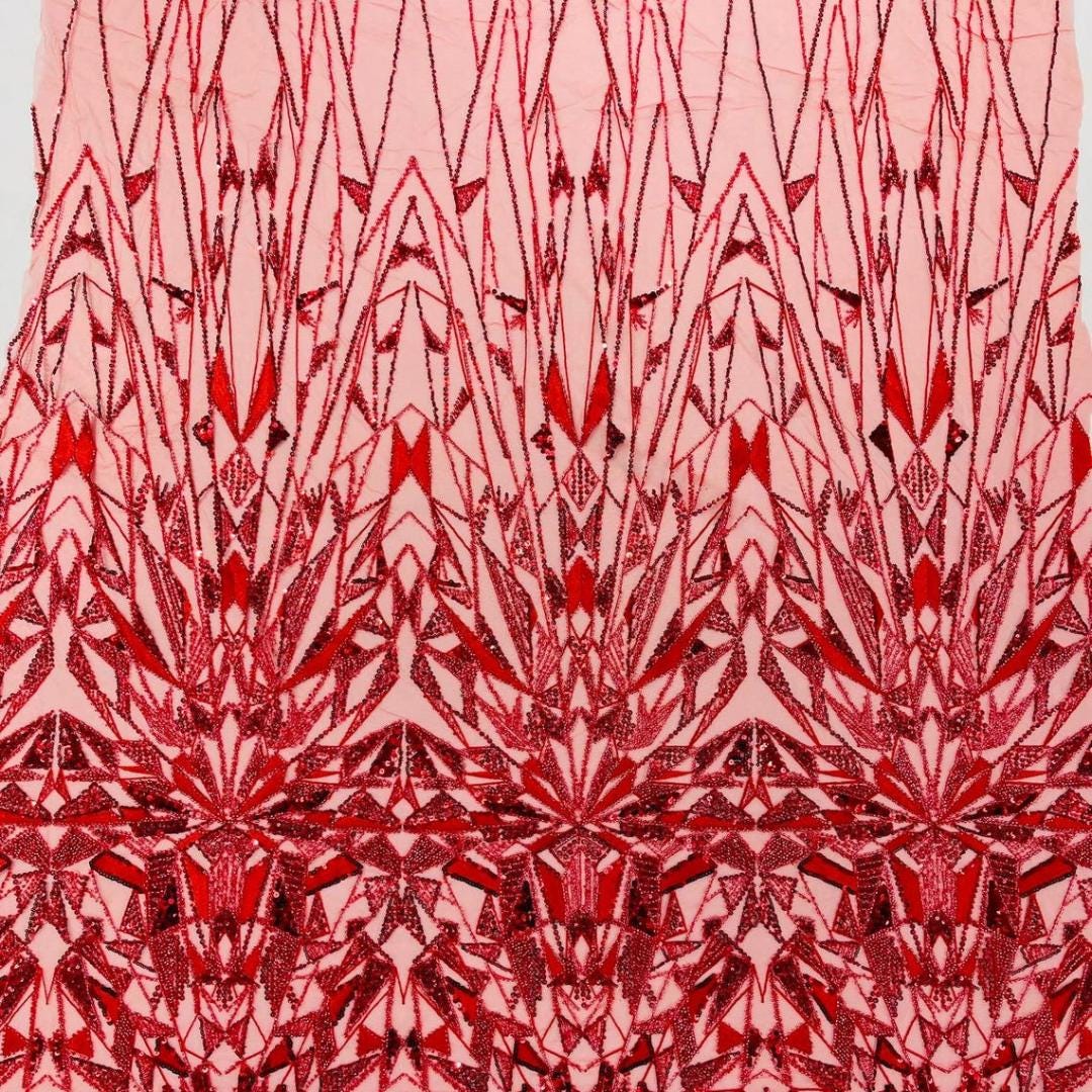 Luxury Geometric Lace - Red - 3D Beaded Design with Embroidered Sequins and Beads On a Mesh Lace Fabric for Prom Dress By The Yard