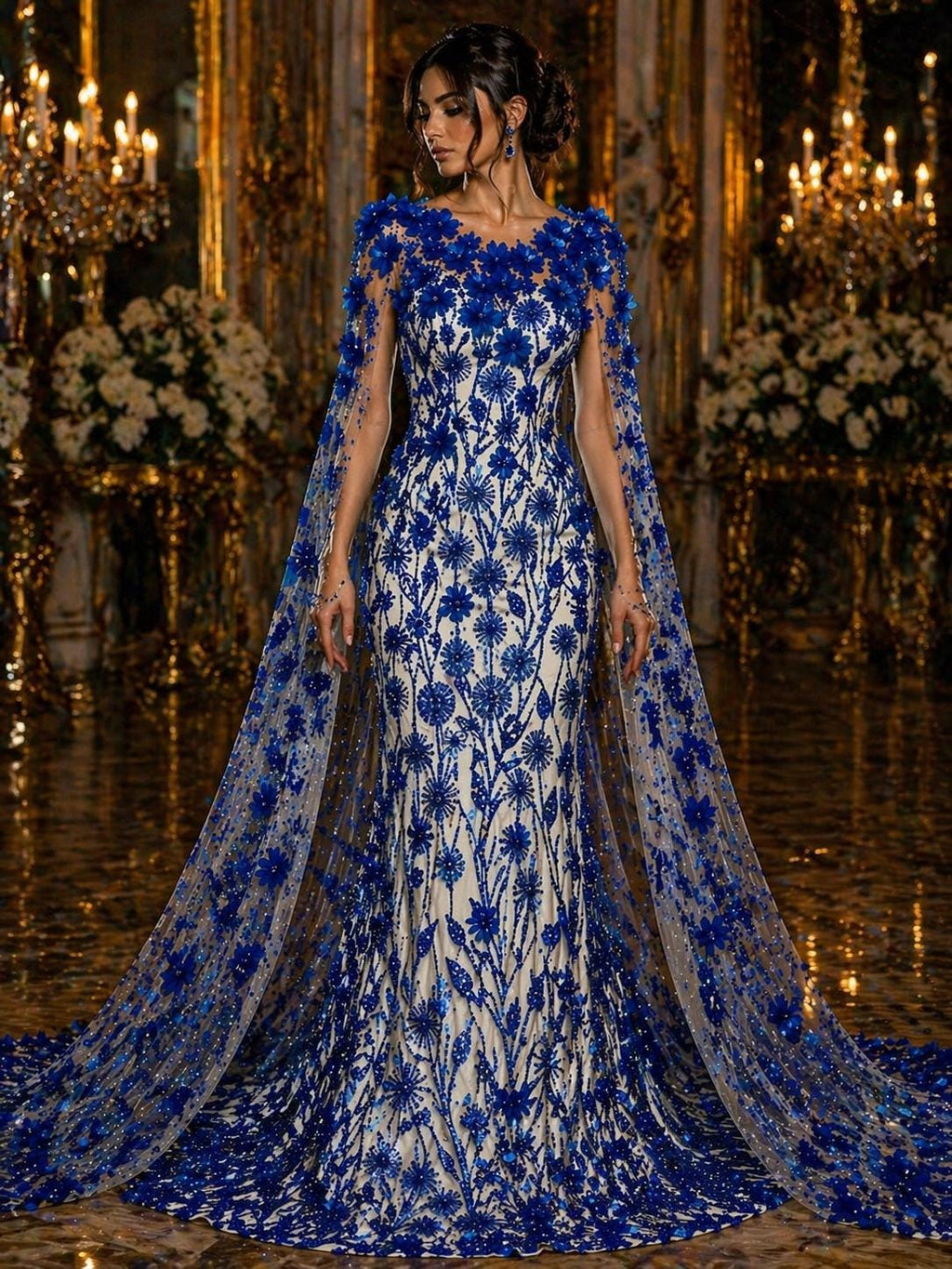 Luxury Butterfly Beaded Lace - Royal - 3D Beaded Design with Embroidered Sequins and Beads On a Mesh Lace Fabric for Prom Dress By The Yard