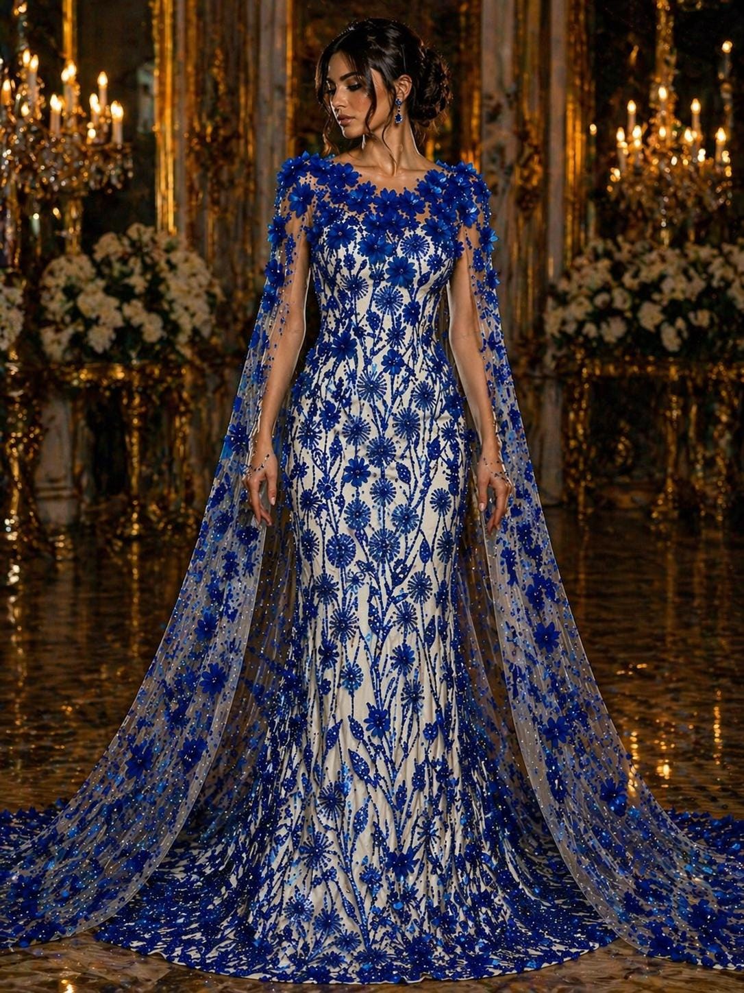 Luxury Butterfly Beaded Lace - Royal - 3D Beaded Design with Embroidered Sequins and Beads On a Mesh Lace Fabric for Prom Dress By The Yard