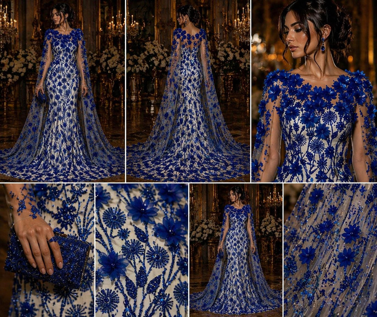 Luxury Butterfly Beaded Lace - Royal - 3D Beaded Design with Embroidered Sequins and Beads On a Mesh Lace Fabric for Prom Dress By The Yard