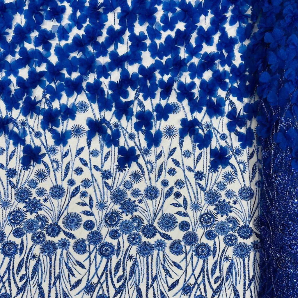 Luxury Butterfly Beaded Lace - Royal - 3D Beaded Design with Embroidered Sequins and Beads On a Mesh Lace Fabric for Prom Dress By The Yard