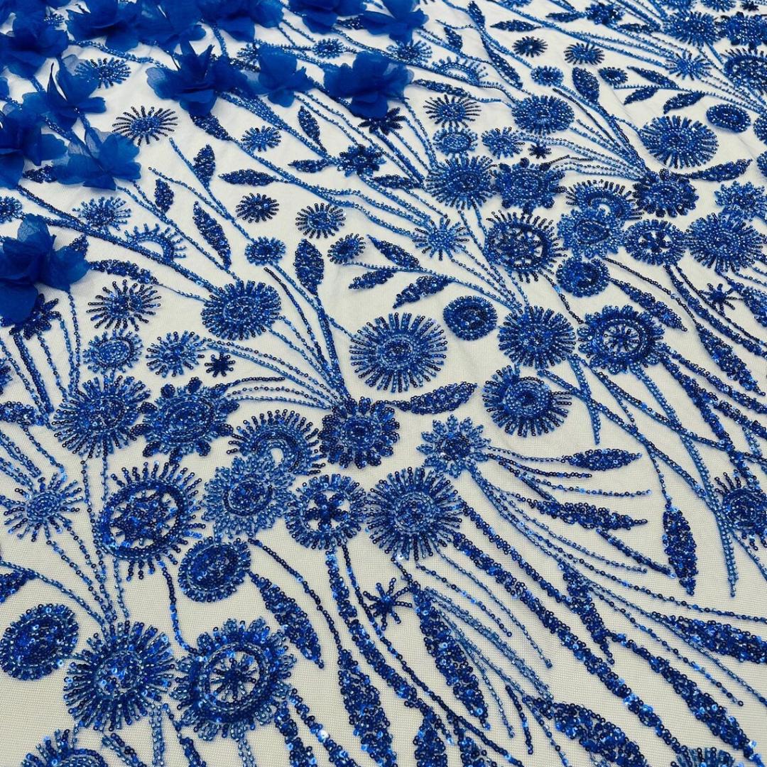 Luxury Butterfly Beaded Lace - Royal - 3D Beaded Design with Embroidered Sequins and Beads On a Mesh Lace Fabric for Prom Dress By The Yard