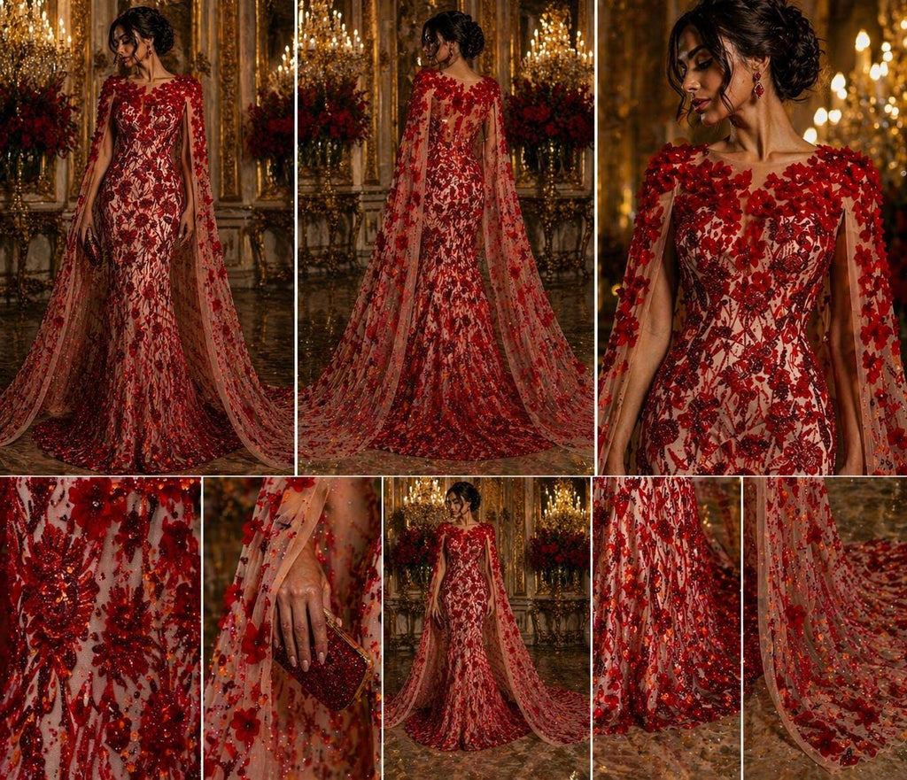 Luxury Butterfly Beaded Lace - Red - 3D Beaded Design with Embroidered Sequins and Beads On a Mesh Lace Fabric for Prom Dress By The Yard
