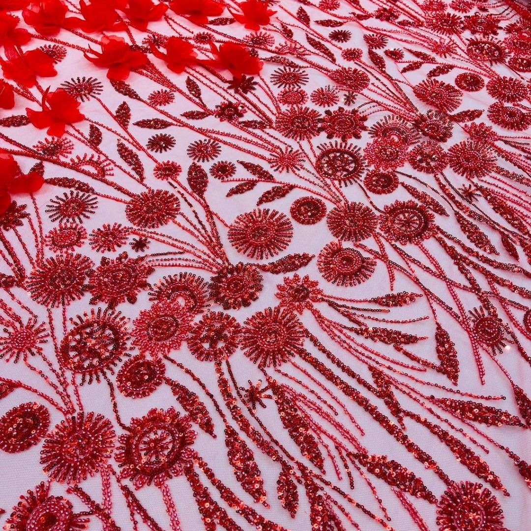 Luxury Butterfly Beaded Lace - Red - 3D Beaded Design with Embroidered Sequins and Beads On a Mesh Lace Fabric for Prom Dress By The Yard