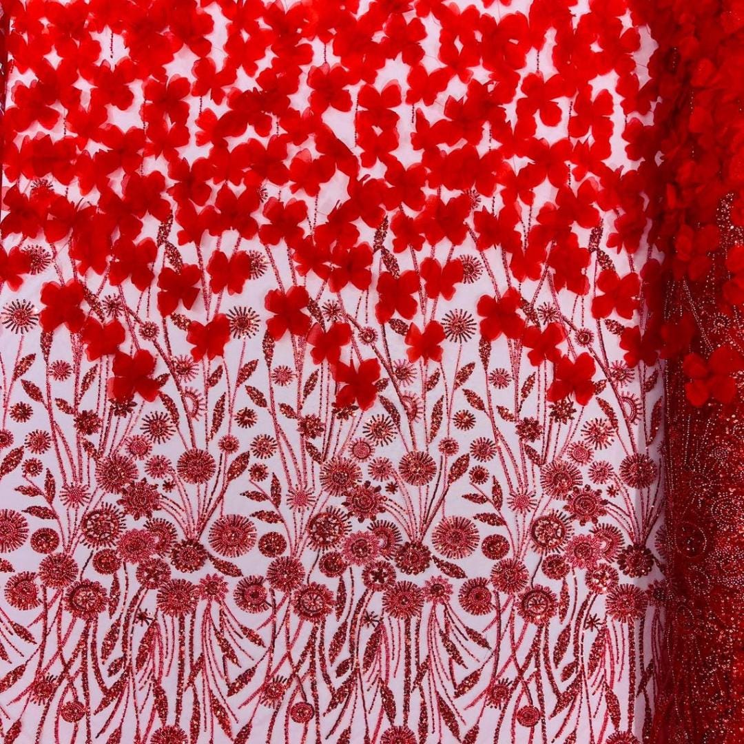 Luxury Butterfly Beaded Lace - Red - 3D Beaded Design with Embroidered Sequins and Beads On a Mesh Lace Fabric for Prom Dress By The Yard