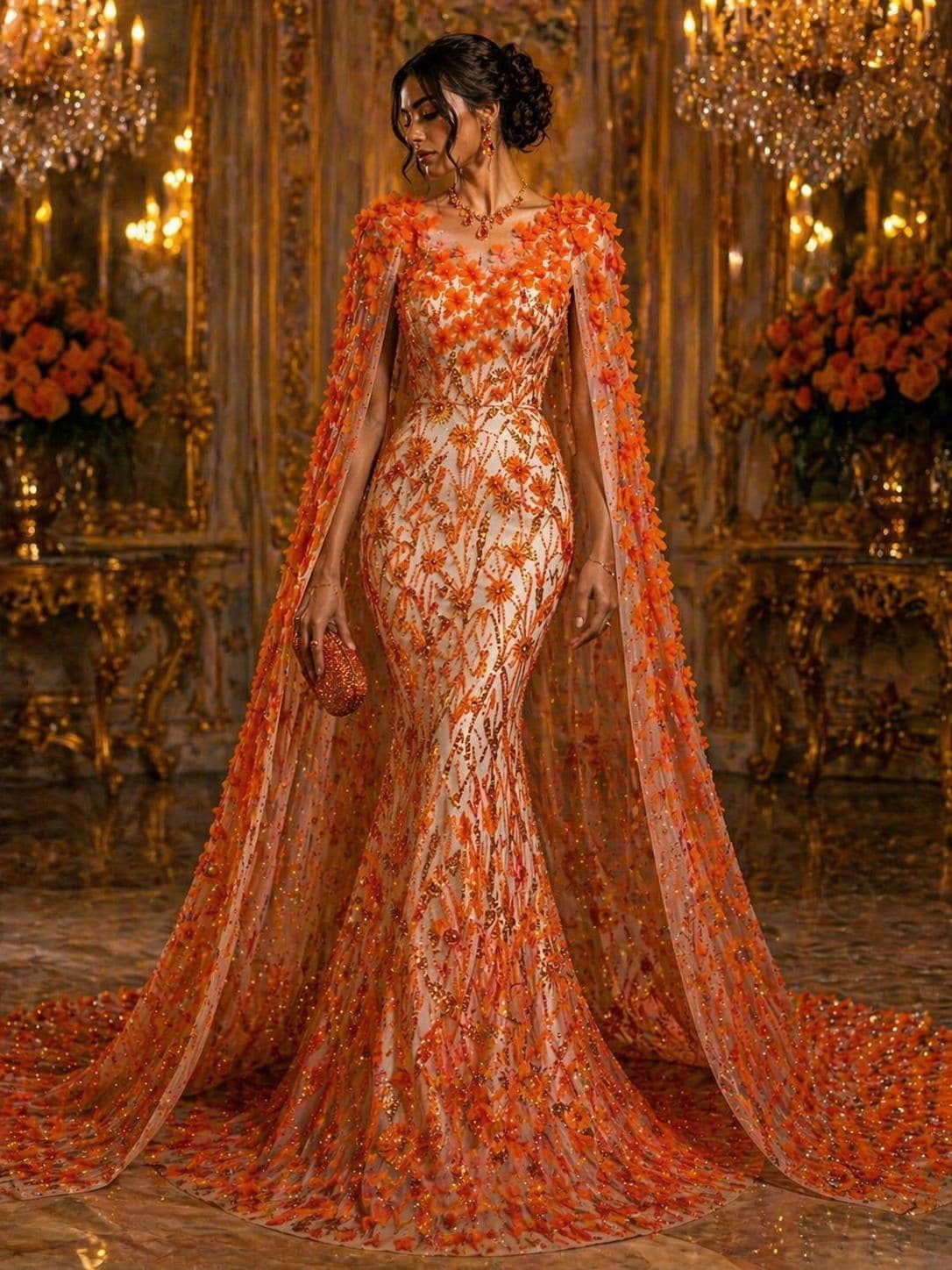 Luxury Butterfly Beaded Lace - Orange - 3D Beaded Design with Embroidered Sequins and Beads On a Mesh Lace Fabric for Prom Dress By The Yard