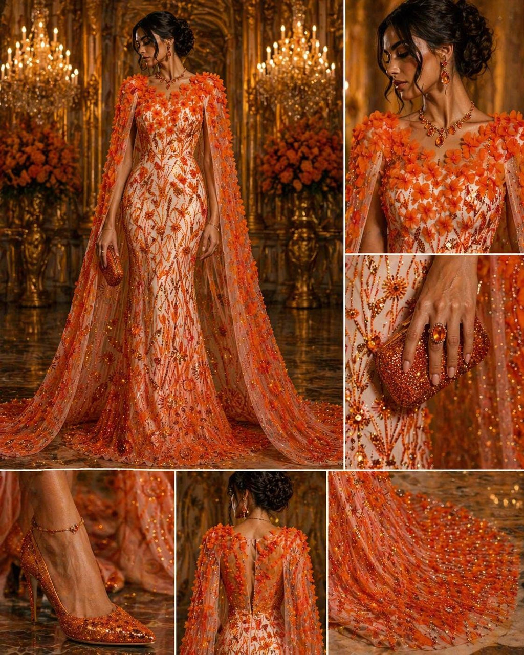 Luxury Butterfly Beaded Lace - Orange - 3D Beaded Design with Embroidered Sequins and Beads On a Mesh Lace Fabric for Prom Dress By The Yard