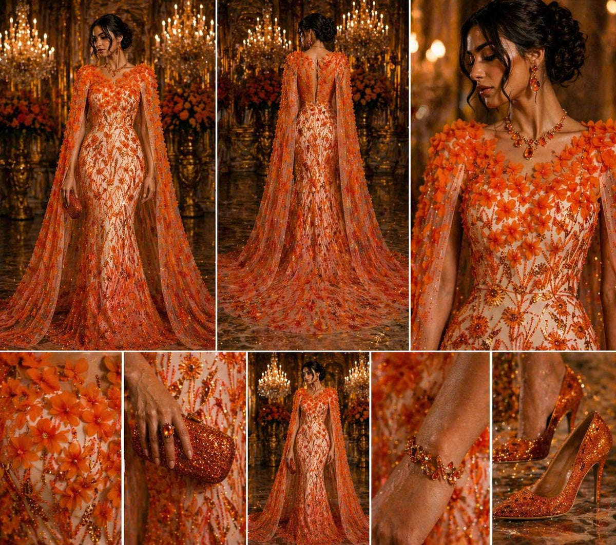 Luxury Butterfly Beaded Lace - Orange - 3D Beaded Design with Embroidered Sequins and Beads On a Mesh Lace Fabric for Prom Dress By The Yard