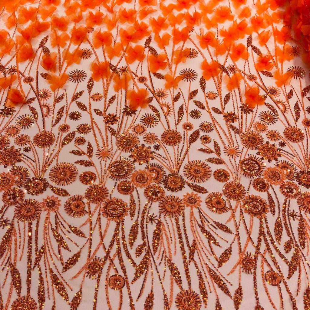 Luxury Butterfly Beaded Lace - Orange - 3D Beaded Design with Embroidered Sequins and Beads On a Mesh Lace Fabric for Prom Dress By The Yard