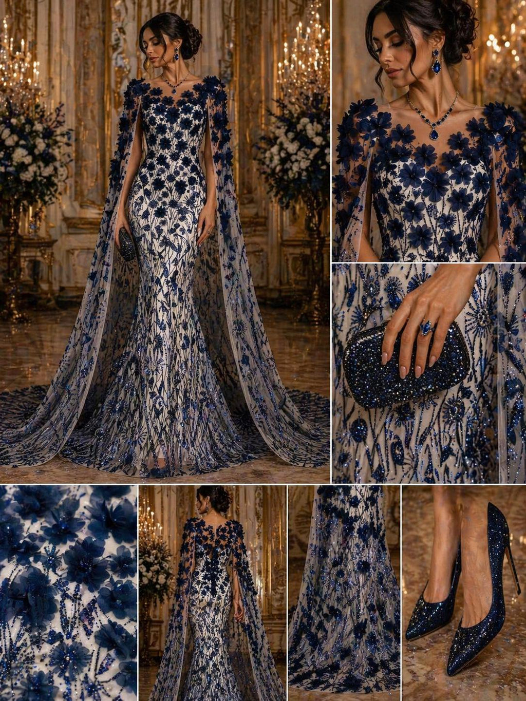 Luxury Butterfly Beaded Lace - Navy - 3D Beaded Design with Embroidered Sequins and Beads On a Mesh Lace Fabric for Prom Dress By The Yard