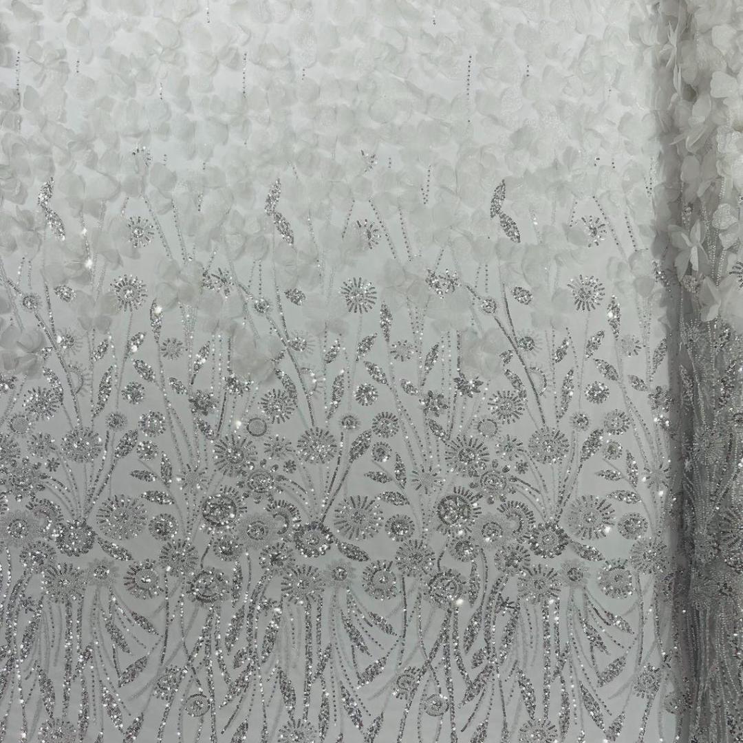Luxury Butterfly Beaded Lace - White - 3D Beaded Design with Embroidered Sequins and Beads On a Mesh Lace Fabric for Prom Dress By The Yard