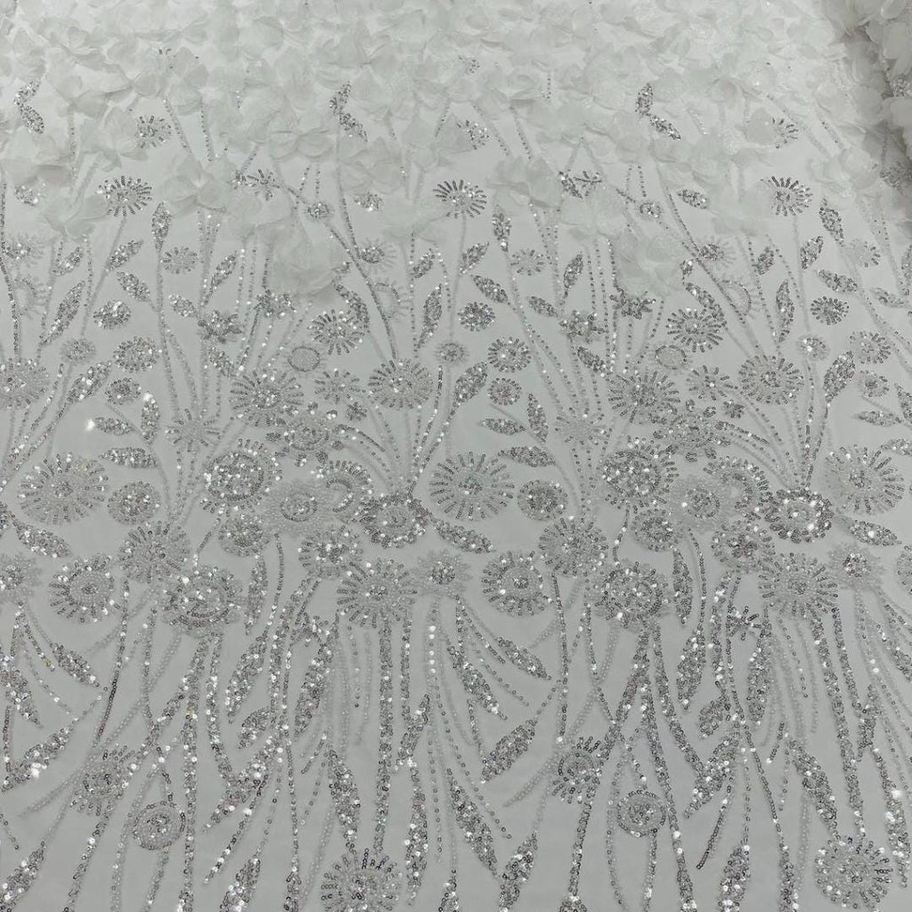 Luxury Butterfly Beaded Lace - White - 3D Beaded Design with Embroidered Sequins and Beads On a Mesh Lace Fabric for Prom Dress By The Yard