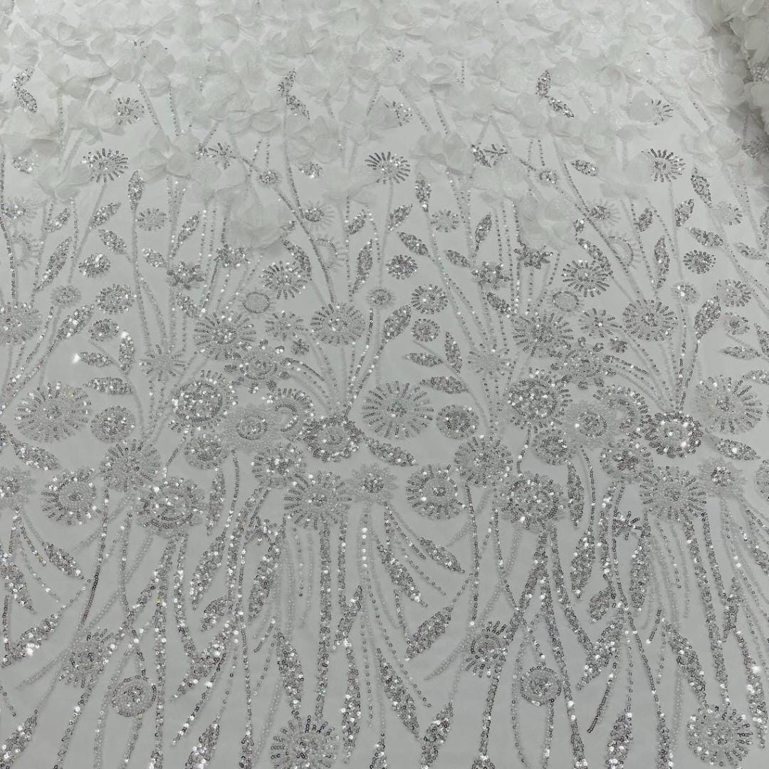 Luxury Butterfly Beaded Lace - White - 3D Beaded Design with Embroidered Sequins and Beads On a Mesh Lace Fabric for Prom Dress By The Yard