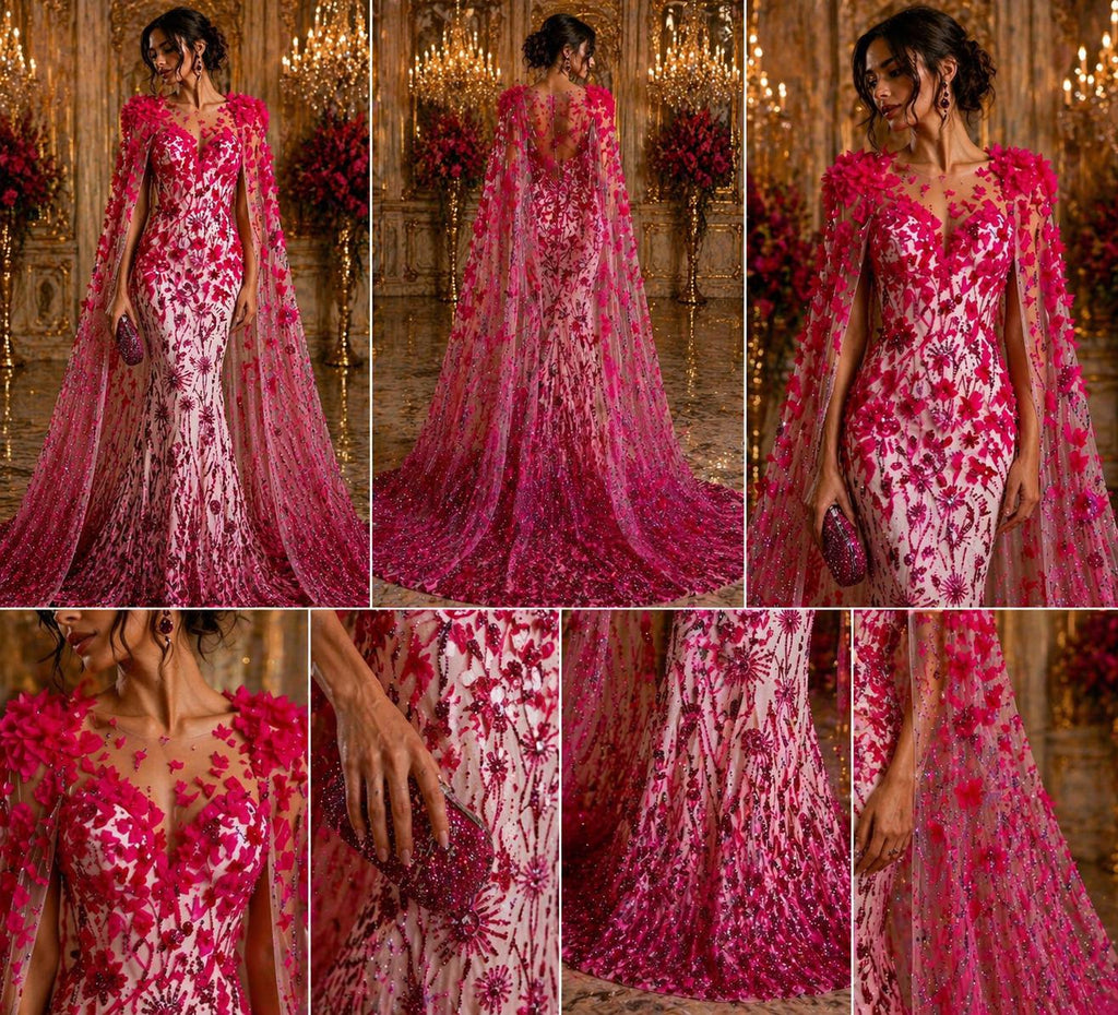 Luxury Butterfly Beaded Lace - Fuchsia - 3D Beaded Design with Embroidered Sequins and Beads On Mesh Lace Fabric for Prom Dress By The Yard