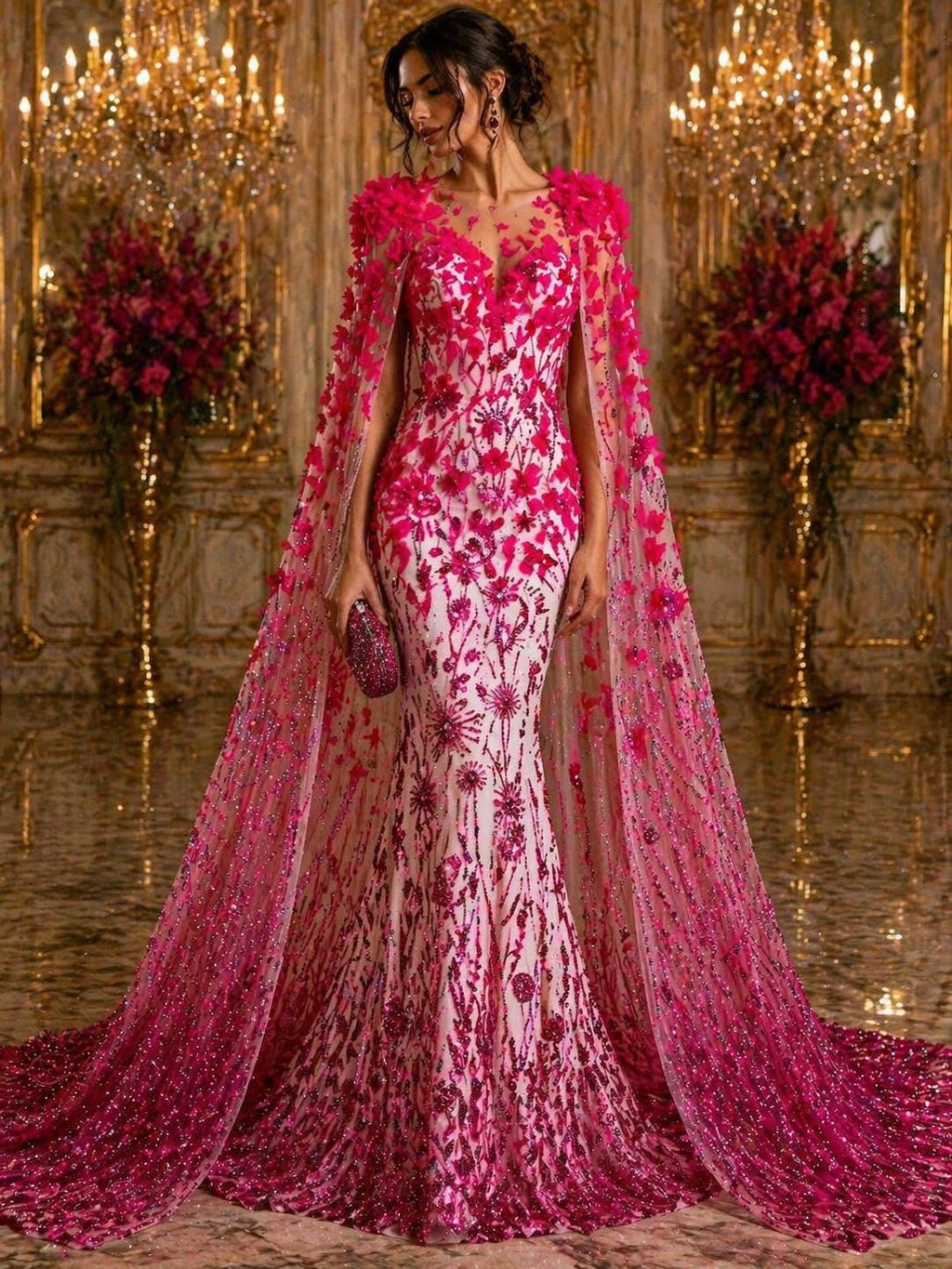 Luxury Butterfly Beaded Lace - Fuchsia - 3D Beaded Design with Embroidered Sequins and Beads On Mesh Lace Fabric for Prom Dress By The Yard