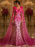 Luxury Butterfly Beaded Lace - Fuchsia - 3D Beaded Design with Embroidered Sequins and Beads On Mesh Lace Fabric for Prom Dress By The Yard