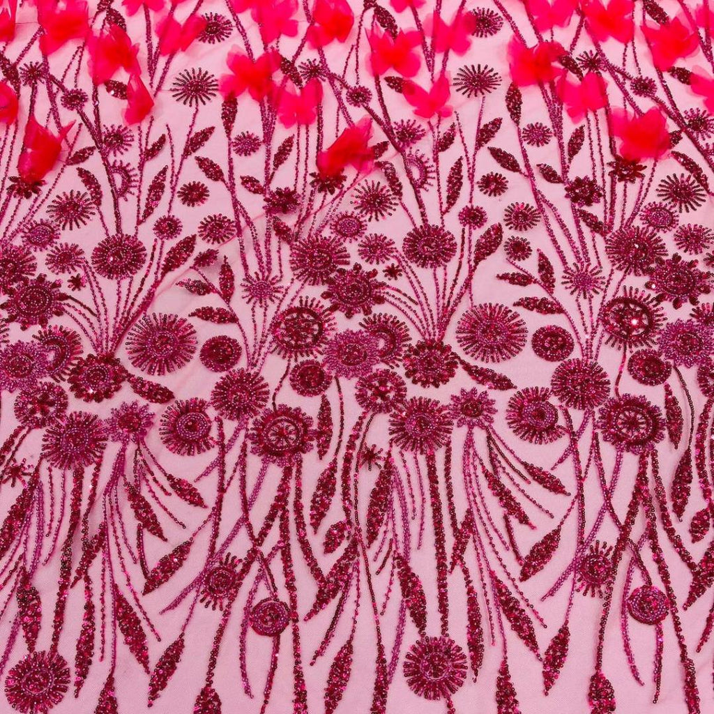 Luxury Butterfly Beaded Lace - Fuchsia - 3D Beaded Design with Embroidered Sequins and Beads On Mesh Lace Fabric for Prom Dress By The Yard
