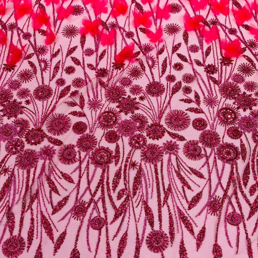 Luxury Butterfly Beaded Lace - Fuchsia - 3D Beaded Design with Embroidered Sequins and Beads On Mesh Lace Fabric for Prom Dress By The Yard