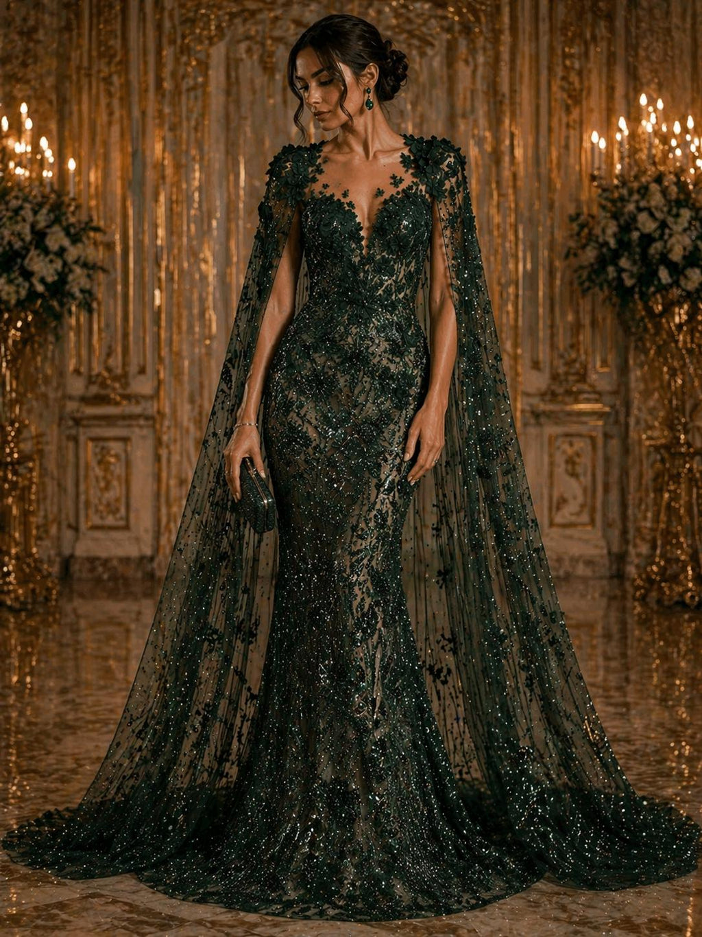 Luxury Butterfly Beaded Lace - Hunter - 3D Beaded Design with Embroidered Sequins and Beads On Mesh Lace Fabric for Prom Dress By The Yard