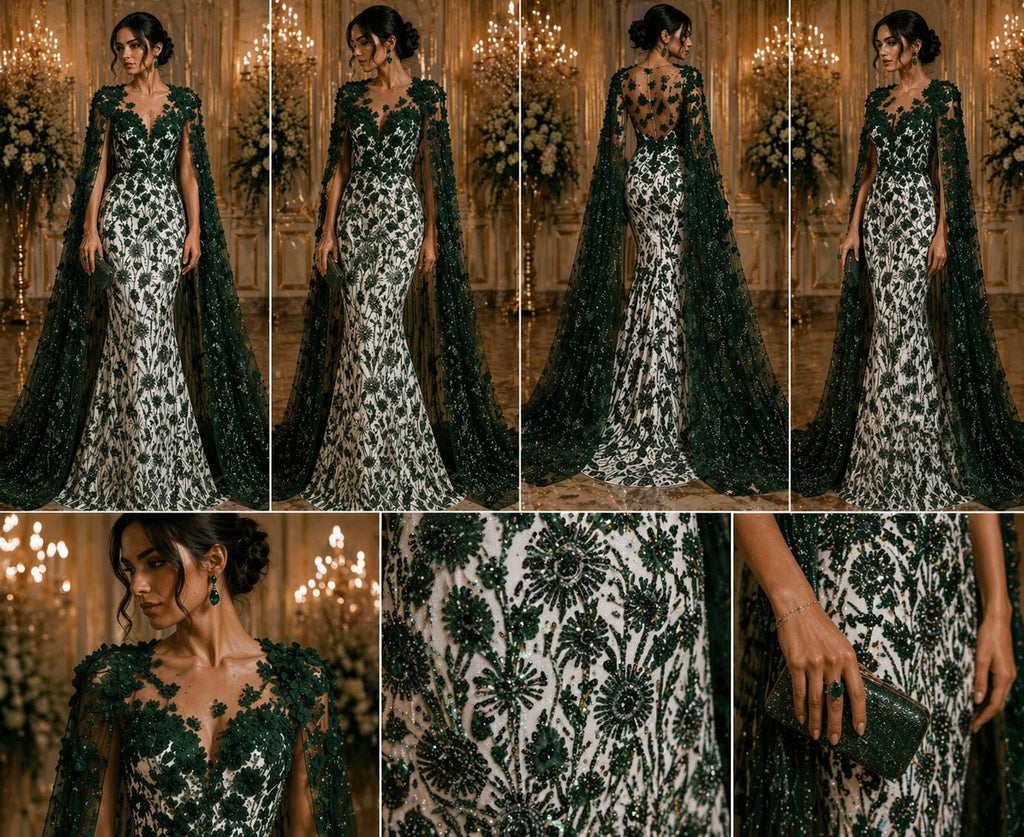 Luxury Butterfly Beaded Lace - Hunter - 3D Beaded Design with Embroidered Sequins and Beads On Mesh Lace Fabric for Prom Dress By The Yard