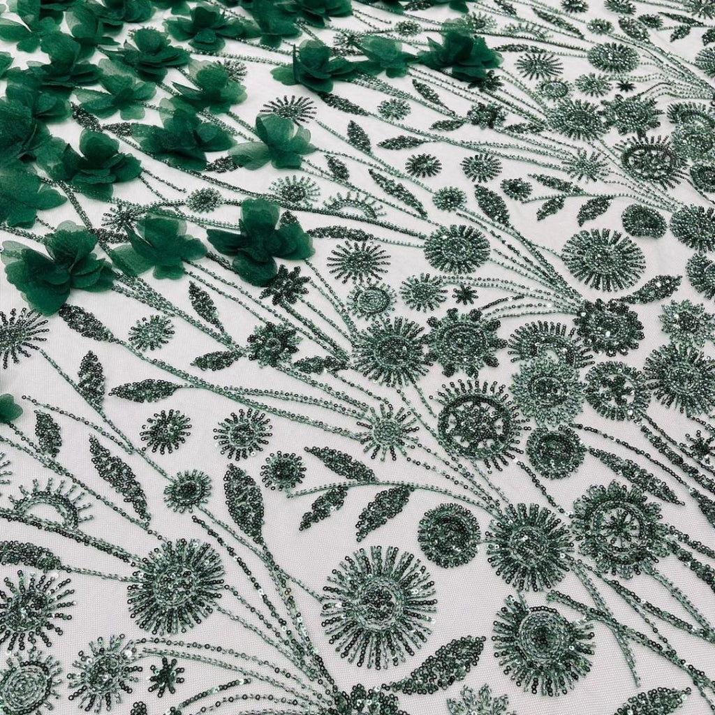 Luxury Butterfly Beaded Lace - Hunter - 3D Beaded Design with Embroidered Sequins and Beads On Mesh Lace Fabric for Prom Dress By The Yard