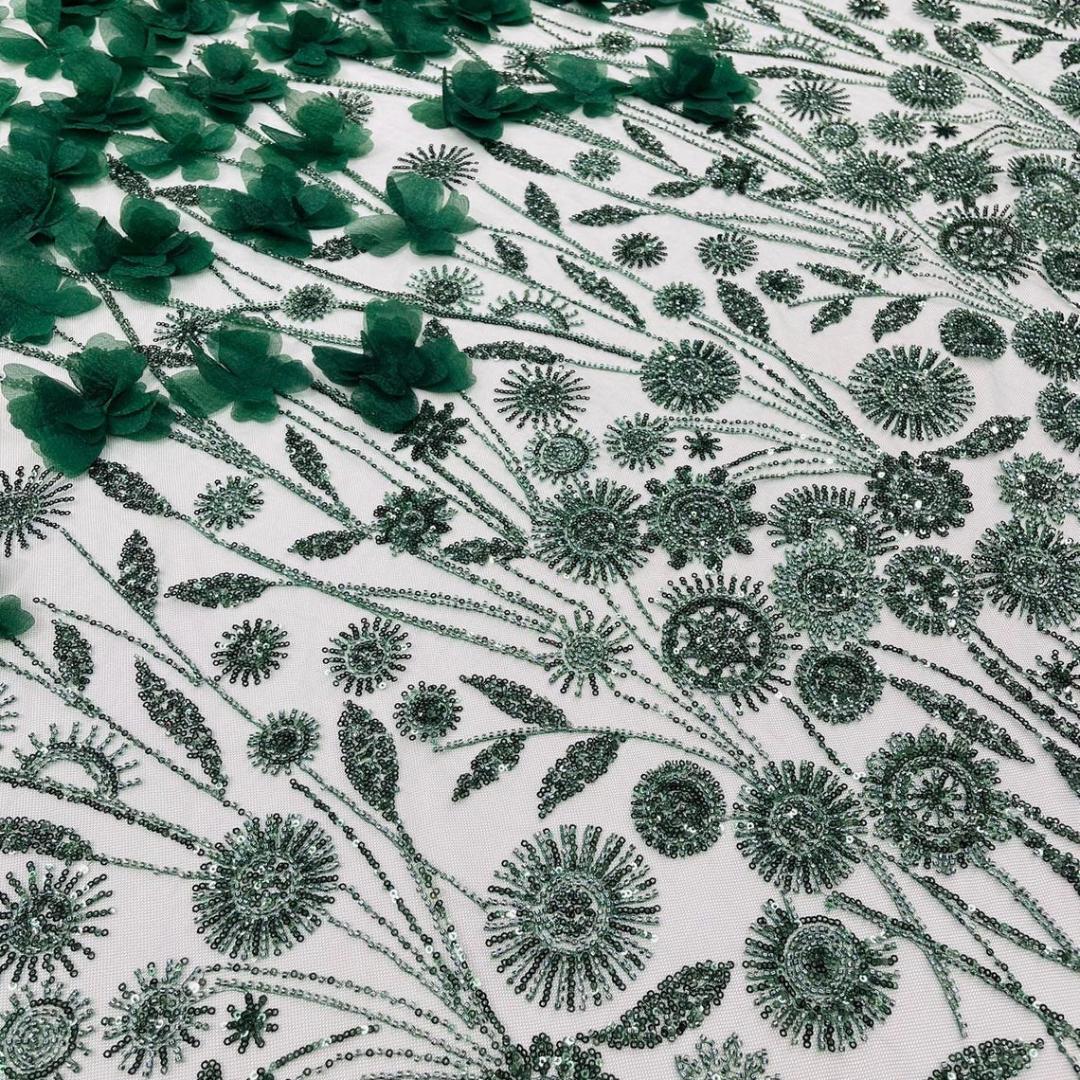 Luxury Butterfly Beaded Lace - Hunter - 3D Beaded Design with Embroidered Sequins and Beads On Mesh Lace Fabric for Prom Dress By The Yard