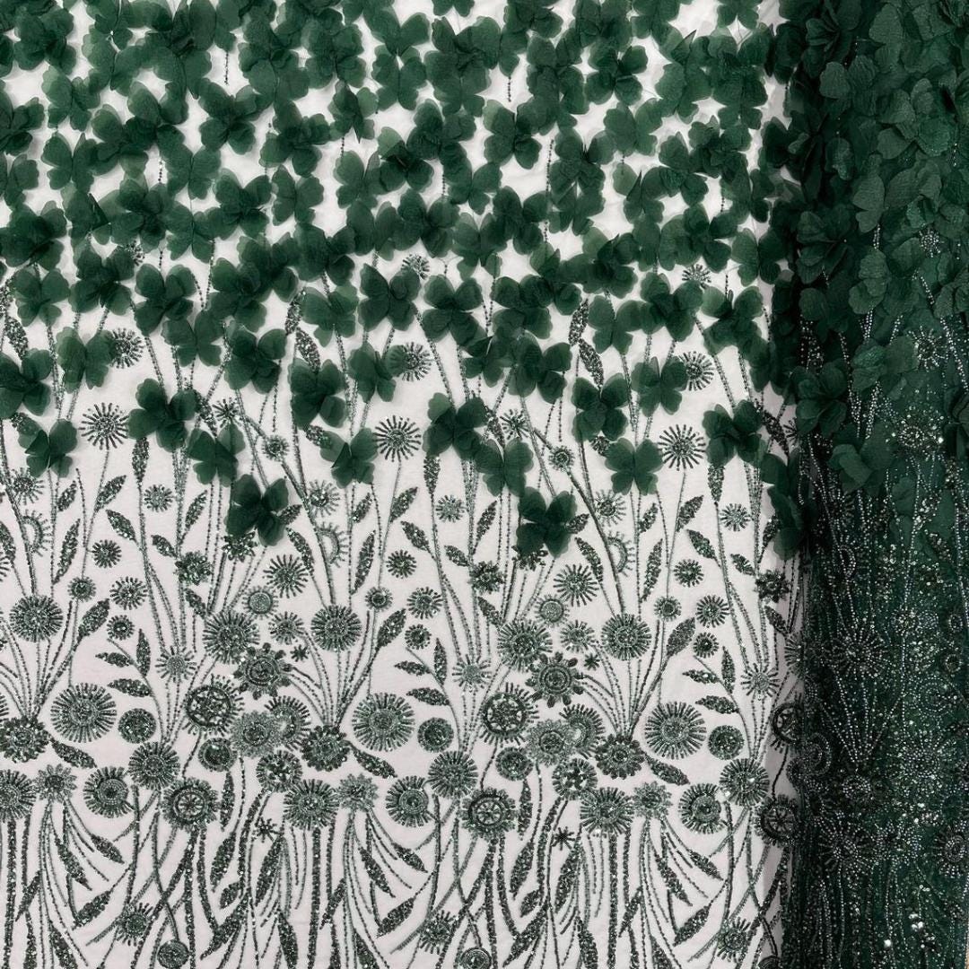 Luxury Butterfly Beaded Lace - Hunter - 3D Beaded Design with Embroidered Sequins and Beads On Mesh Lace Fabric for Prom Dress By The Yard
